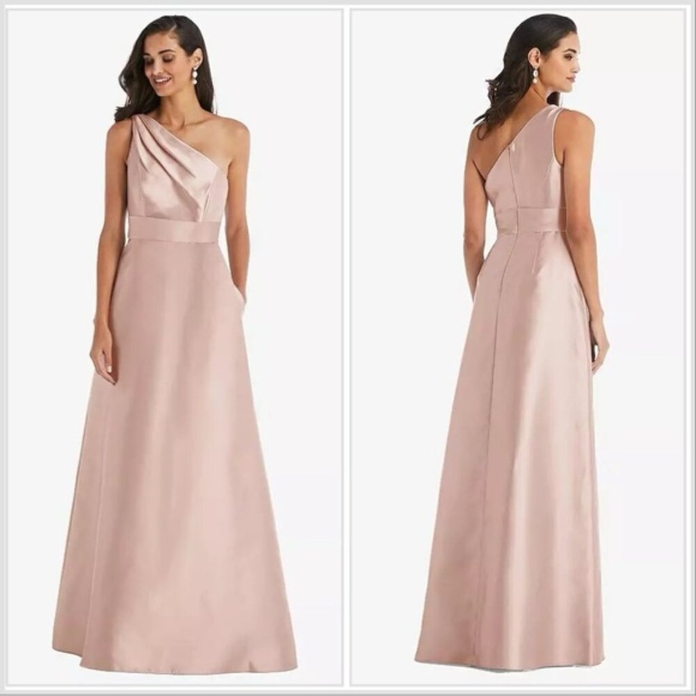NWT Alfred Sung Draped One-Shoulder Satin Maxi Dress in Toasted Sugar Size 8 NEW